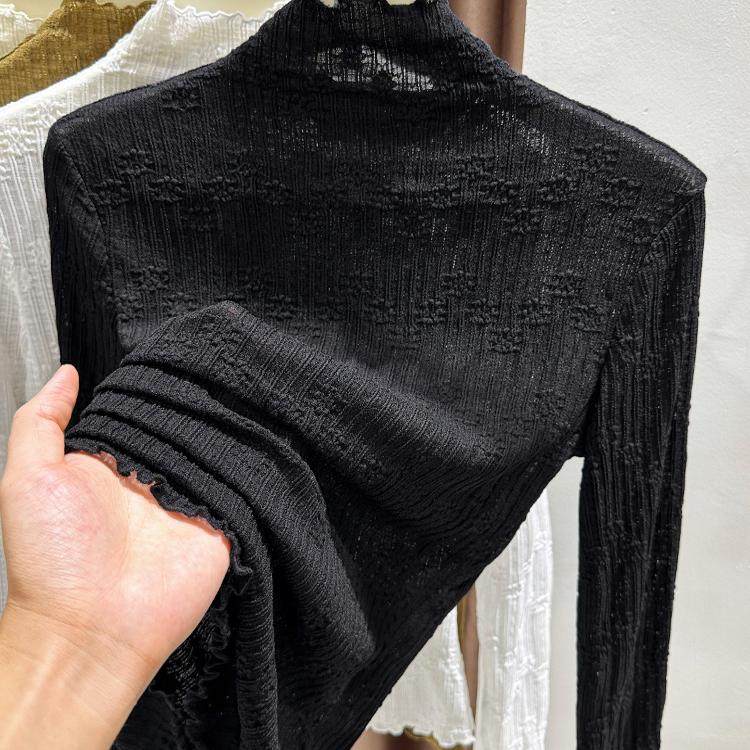 黑色半高领蕾丝打底衫女春秋冬新款高档薄纱洋气木耳内搭网纱上衣