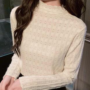 秋冬季 女2024新款 内搭小衫 时尚 上衣 韩版 洋气长袖 半高领蕾丝打底衫