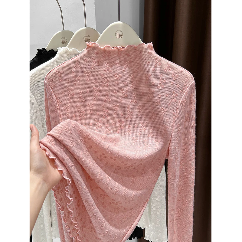 软糯针织提花粉色打底衫半高领有设计感的柔软亲肤法式木耳边上衣