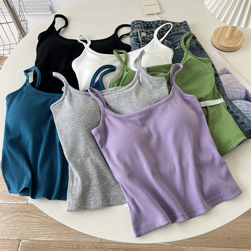 带胸垫弹力螺纹棉短款基础百搭打底吊带上衣女外穿修身露脐小背心