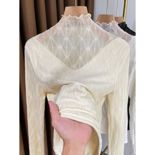 秋冬半高领蕾丝打底衫女加绒加厚2025新款高级感网纱叠穿内搭小衫