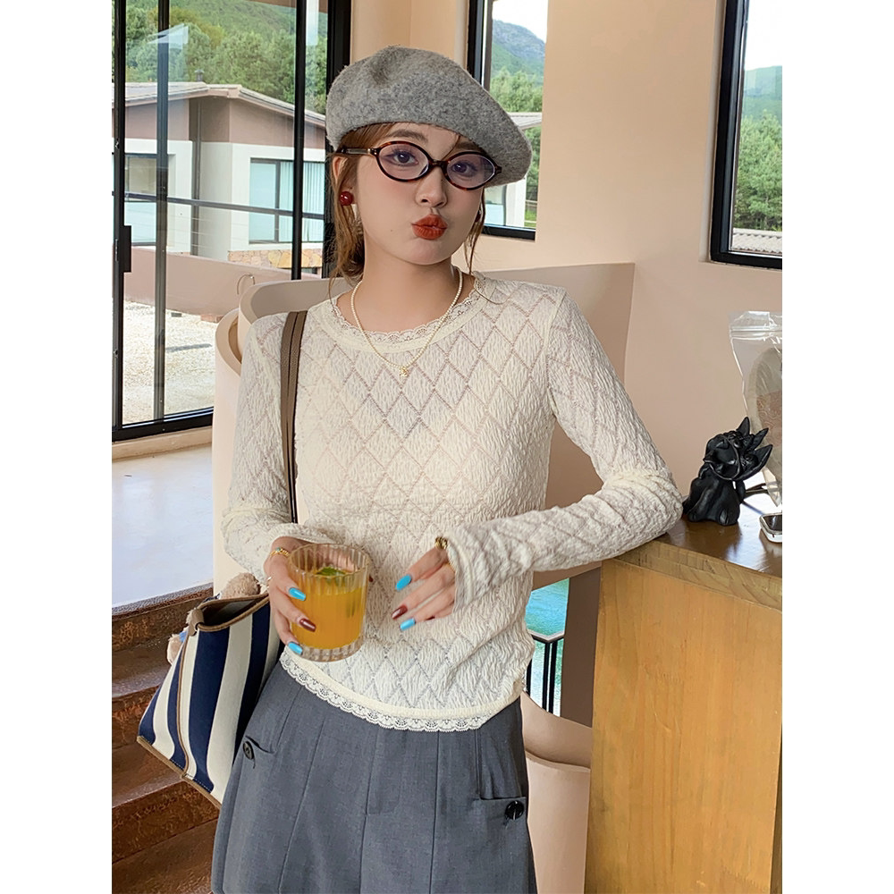 蕾丝针织衫女内搭春秋薄款修身2025年新款纯色小香风长袖打底上衣
