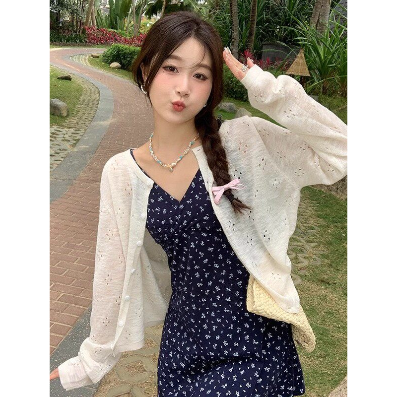 吊带裙外搭开衫女薄款外套2026新款夏季白色镂空防晒罩衫针织上衣