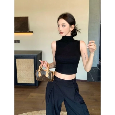 紧身短款露脐半高领背心女黑色修身显瘦纯欲性感上衣辣妹无袖t恤