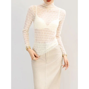 高领镂空蕾丝打底衫白色内搭独特别致高端网纱上衣女轻奢高级感薄