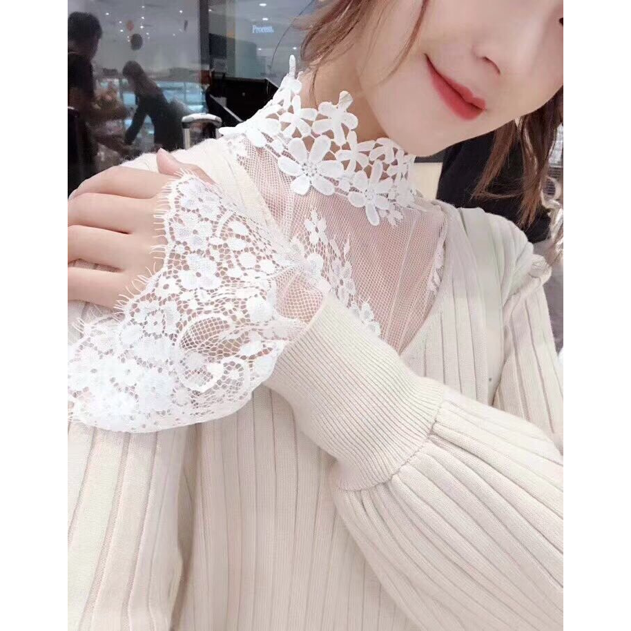打底衫女秋冬2023新款欧货睫毛蕾丝网纱衣内搭镂空立领喇叭袖上衣