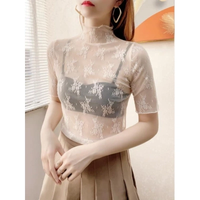 木耳边半高领蕾丝打底衫女短袖2024新款透明中假领袖内搭薄款网纱