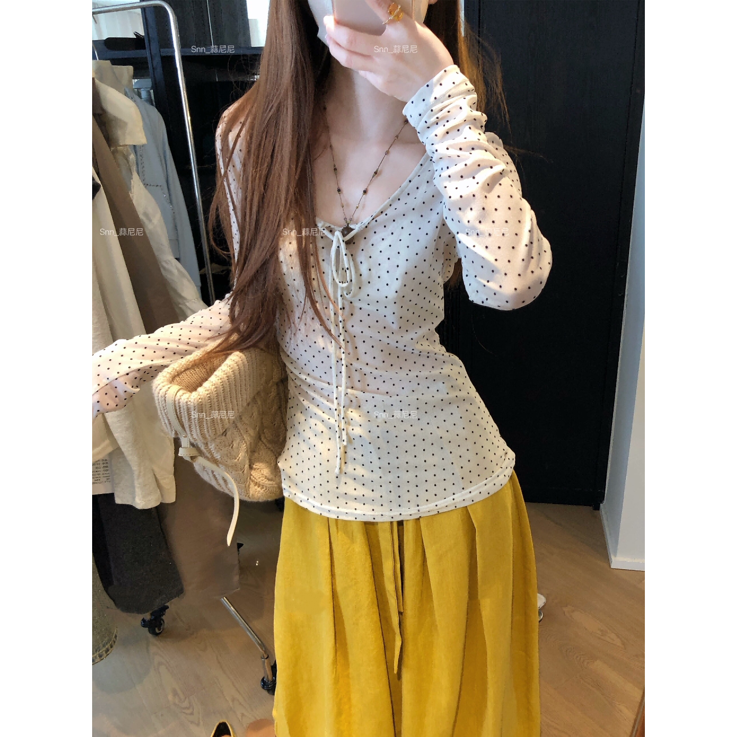 韩系蝴蝶结白色波点网纱防晒长袖T恤女夏季薄款修身显瘦上衣罩衫
