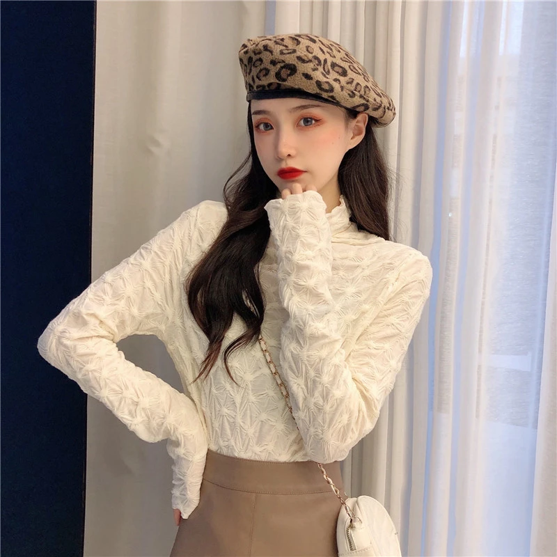 半高领打底蕾丝衫女秋冬新款大码胖mm修身显瘦洋气褶皱长袖上衣潮