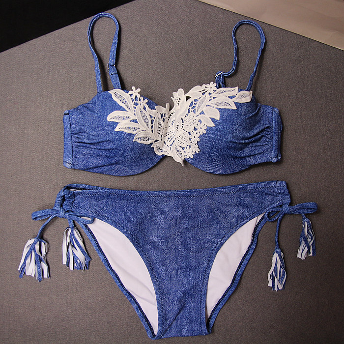 牛仔蓝比基尼性感三角双肩大胸聚拢大码显瘦黑色温泉分体游泳衣女