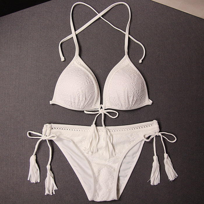 欧美沙滩度假分体泳衣女18岁小胸性感 简约纯色复古 无钢圈比基尼