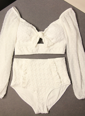 2025新款白色仙女范分体泳衣女两件套保守蕾丝长袖温泉度假游泳装