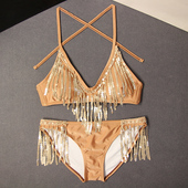 海边挂脖绑带泳装 泳衣2025新款 民族风流苏高端比基尼女性感三点式