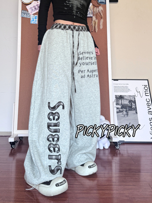 pickypicky美式复古宽松抽绳腰头设计字母ins风运动裤阔腿裤