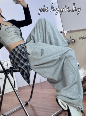 pickypicky美式复古格子腰搭拼接运动裤女宽松阔腿休闲百搭卫裤