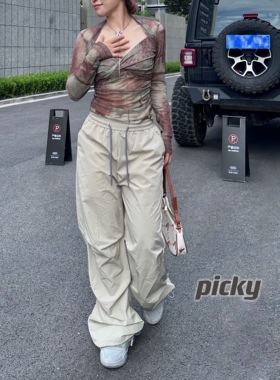 pickypicky美式拖地裤男女同款卡其色裤子宽松休闲裤褶皱伞兵裤