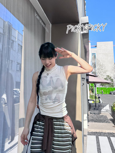 pickypicky千禧辣妹甜酷杏色无袖背心女欧美修身显瘦纯欲小上衣