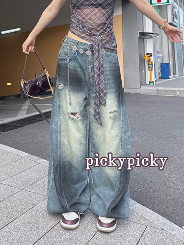 pickypicky美式复古水洗做旧脏脏涂鸦牛仔裤阔腿宽松破洞裤子潮