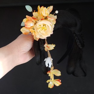 桔黄色娟花朵流苏发夹小豆蔻蔡文姬花朝如约王者荣耀头饰古风发饰