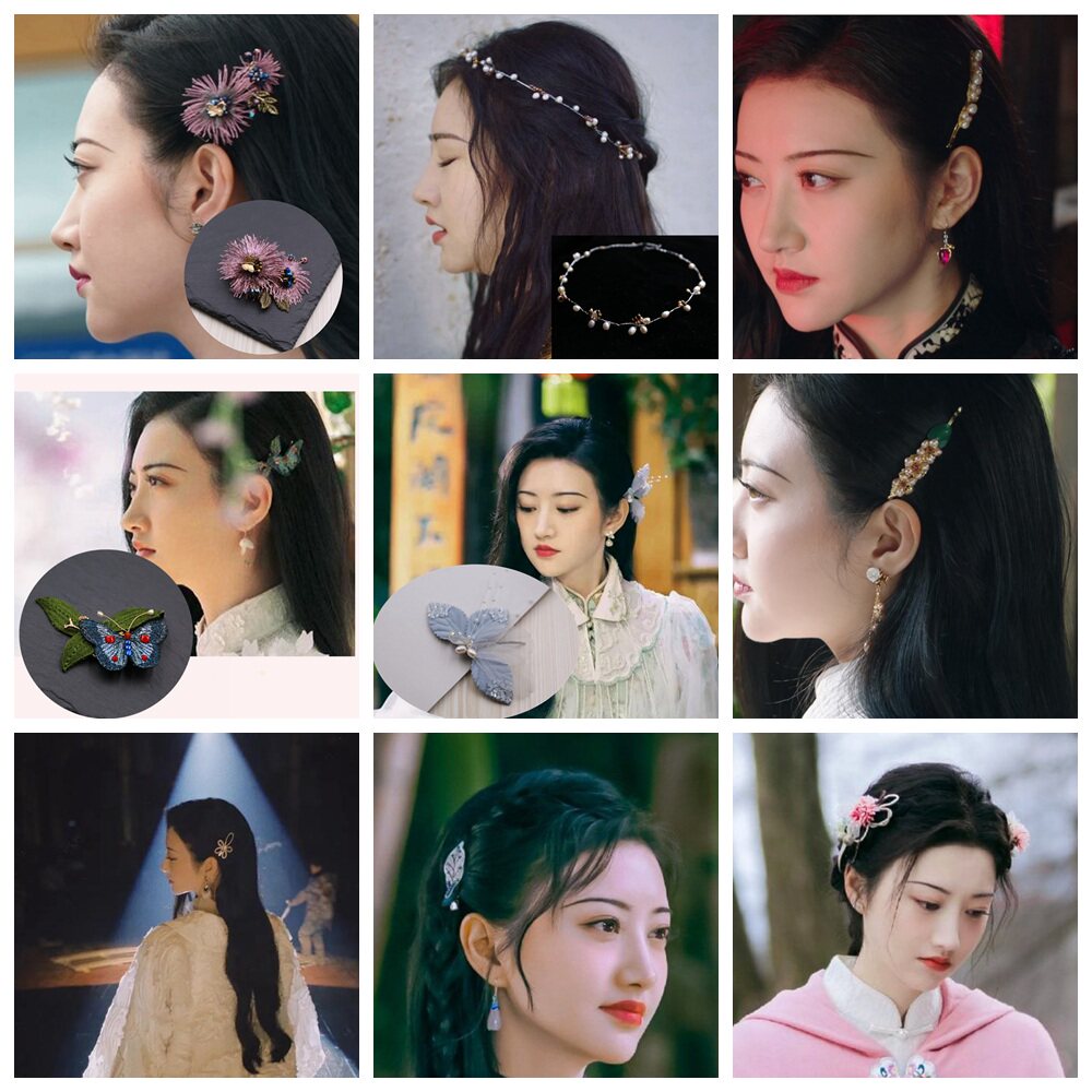 景甜司藤同款发饰发夹侧边夹菊花朵刺绣复古紫色一字夹卡子电视剧