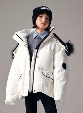 儿童羽绒服女童冬季加厚毛领可拆帽子三防中大童90白鸭绒冬季外套