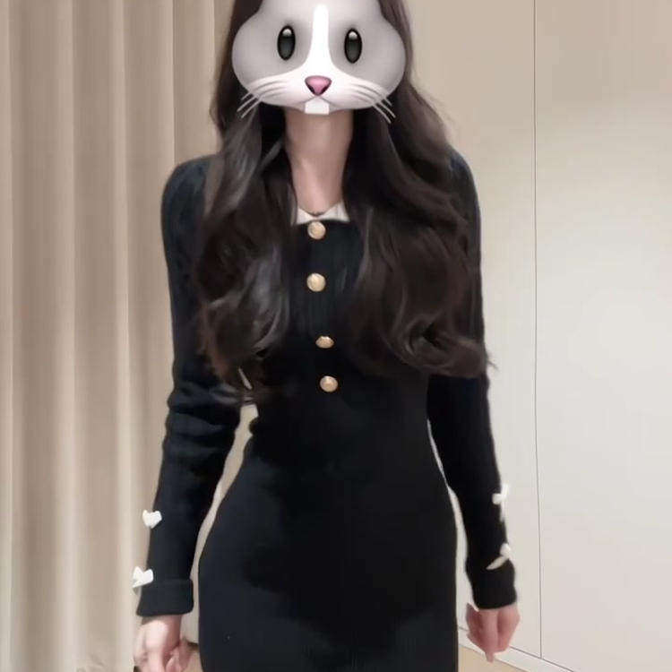 小香风蝴蝶结针织连衣裙内搭女秋冬修身显瘦翻领气质包臀毛衣短裙