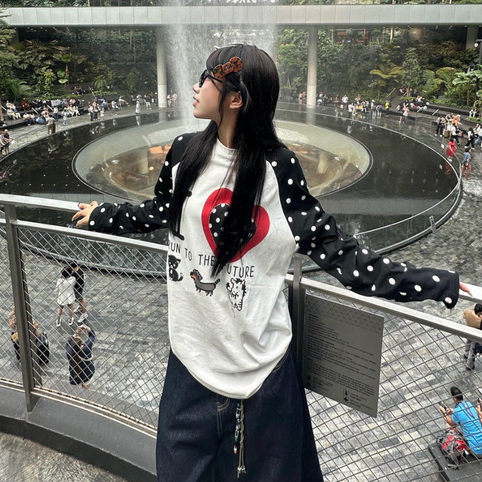 美式复古爱心波点撞色插