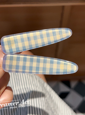 韩国进口可爱清新蓝色格子发夹碎发边夹刘海夹鸭嘴夹防滑头饰女