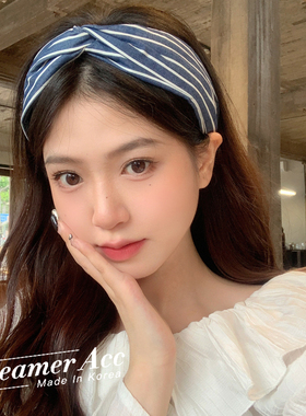 韩国新款蓝色条纹减龄发箍头顶交叉发带式发卡高颅顶显脸小发捆
