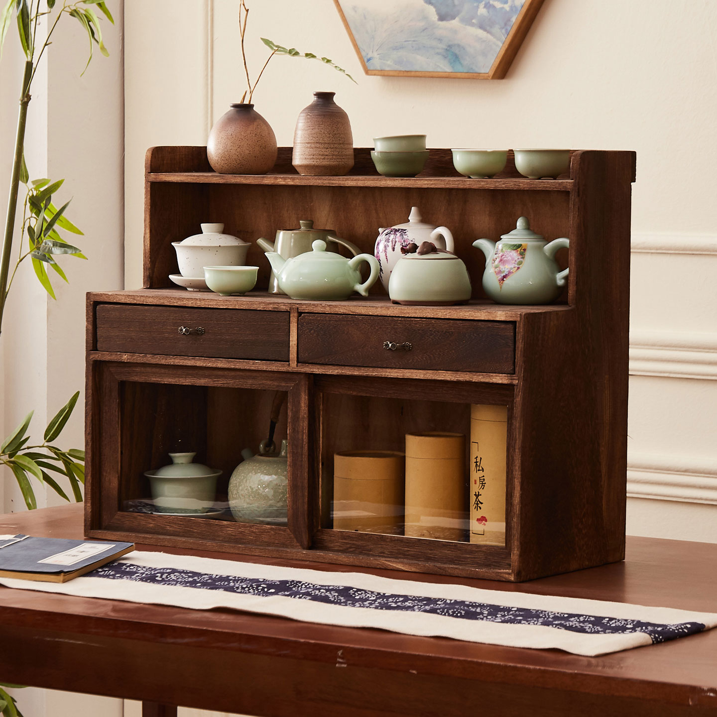 实木茶杯收纳柜防尘置物架茶具架
