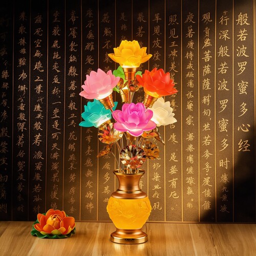 新款莲花灯供佛灯家用供奉琉璃七彩莲花灯插电led观音佛前供灯