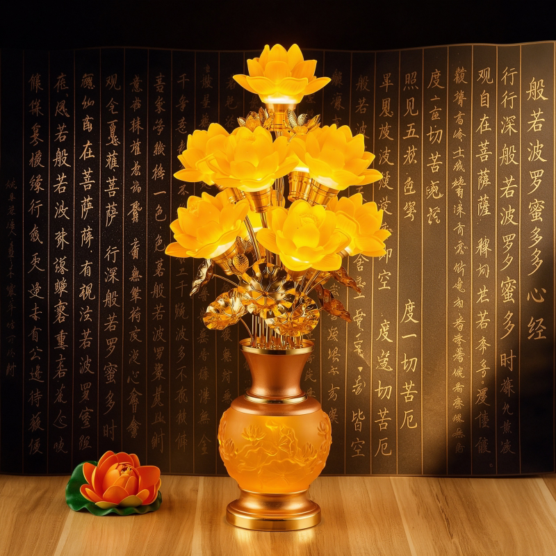 新款莲花灯供佛灯家用供奉琉璃七彩莲花灯插电led观音佛前供灯