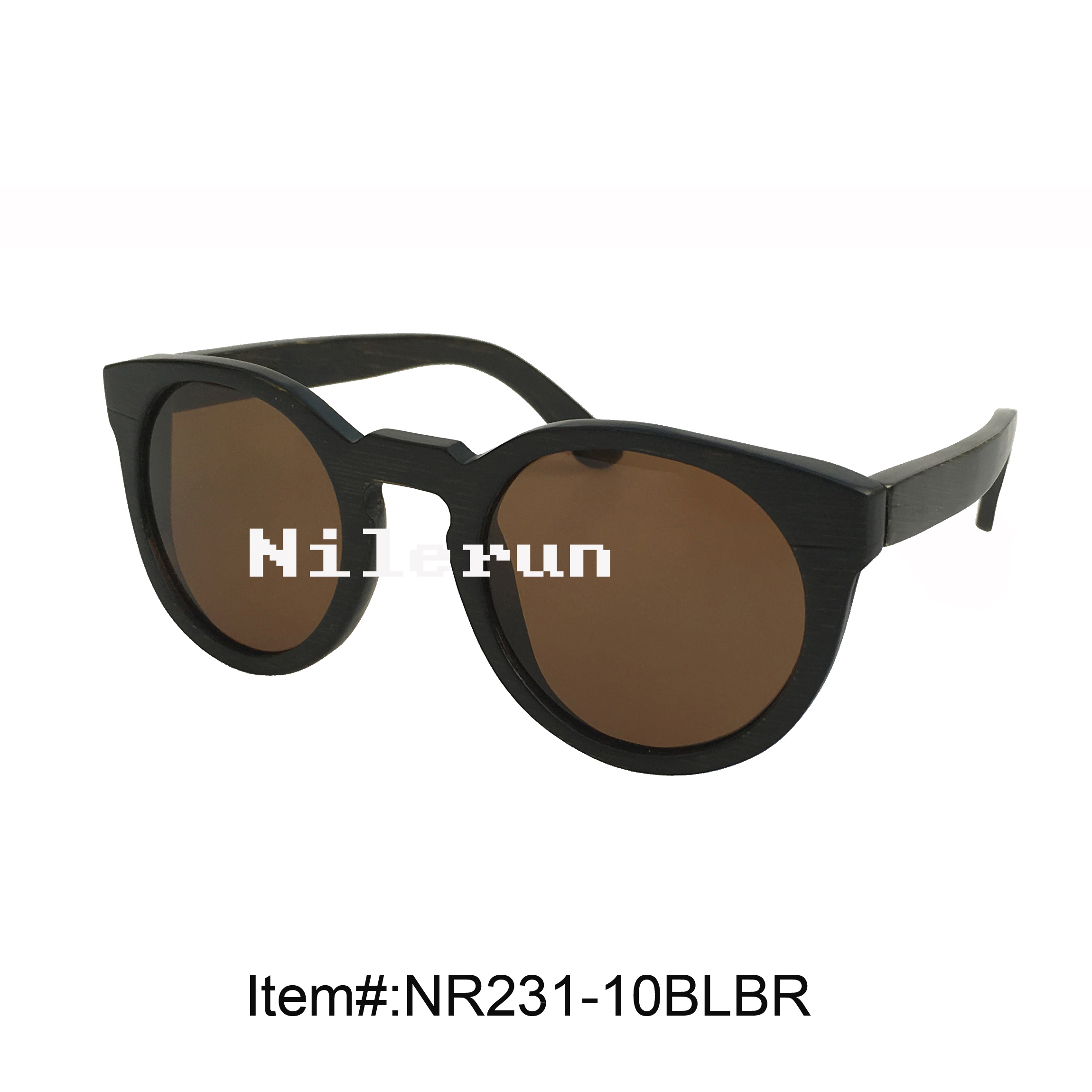 经典复古圆形黑色竹制框架太阳镜 茶色偏光竹质墨镜