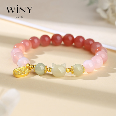 Winy925银和田玉招财手链手串女猫咪手链可爱新颖生日礼物送女生