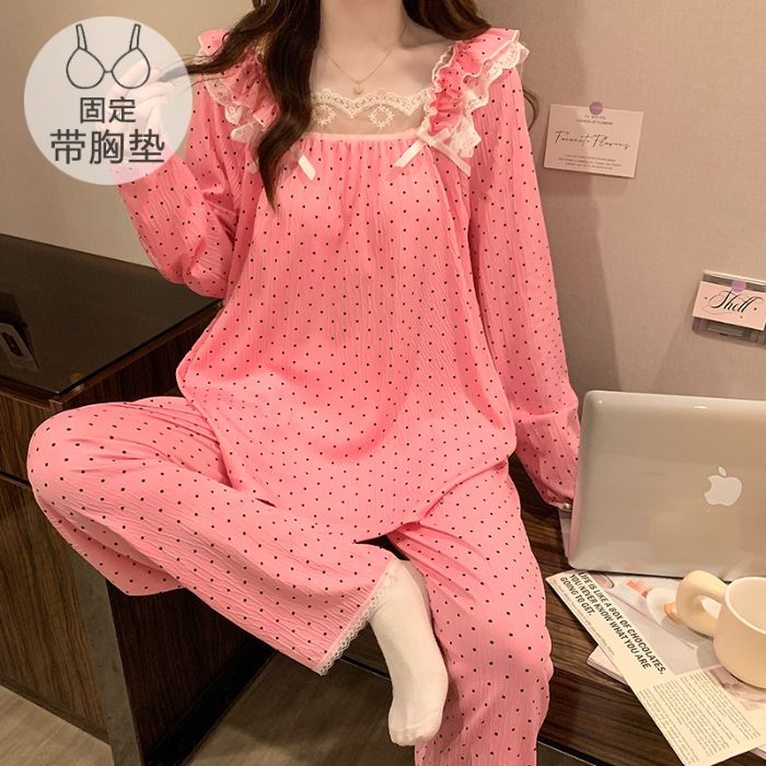 仿棉皱布睡衣女秋冬甜美公主风长袖长裤加肥大码220斤胖MM家居服