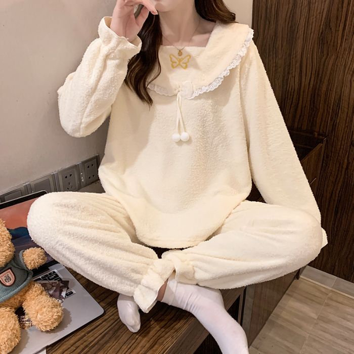 半边绒睡衣女秋冬甜美公主风长袖长裤加肥大码220斤胖M家居服外穿