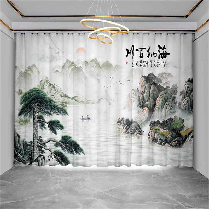 客厅窗纱2025新款中式风格纱帘新中式窗帘遮光山水风景画古风茶室