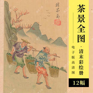 茶景全图清代外销画彩绘册采茶制茶古法资料手绘图茶道茶文化素材
