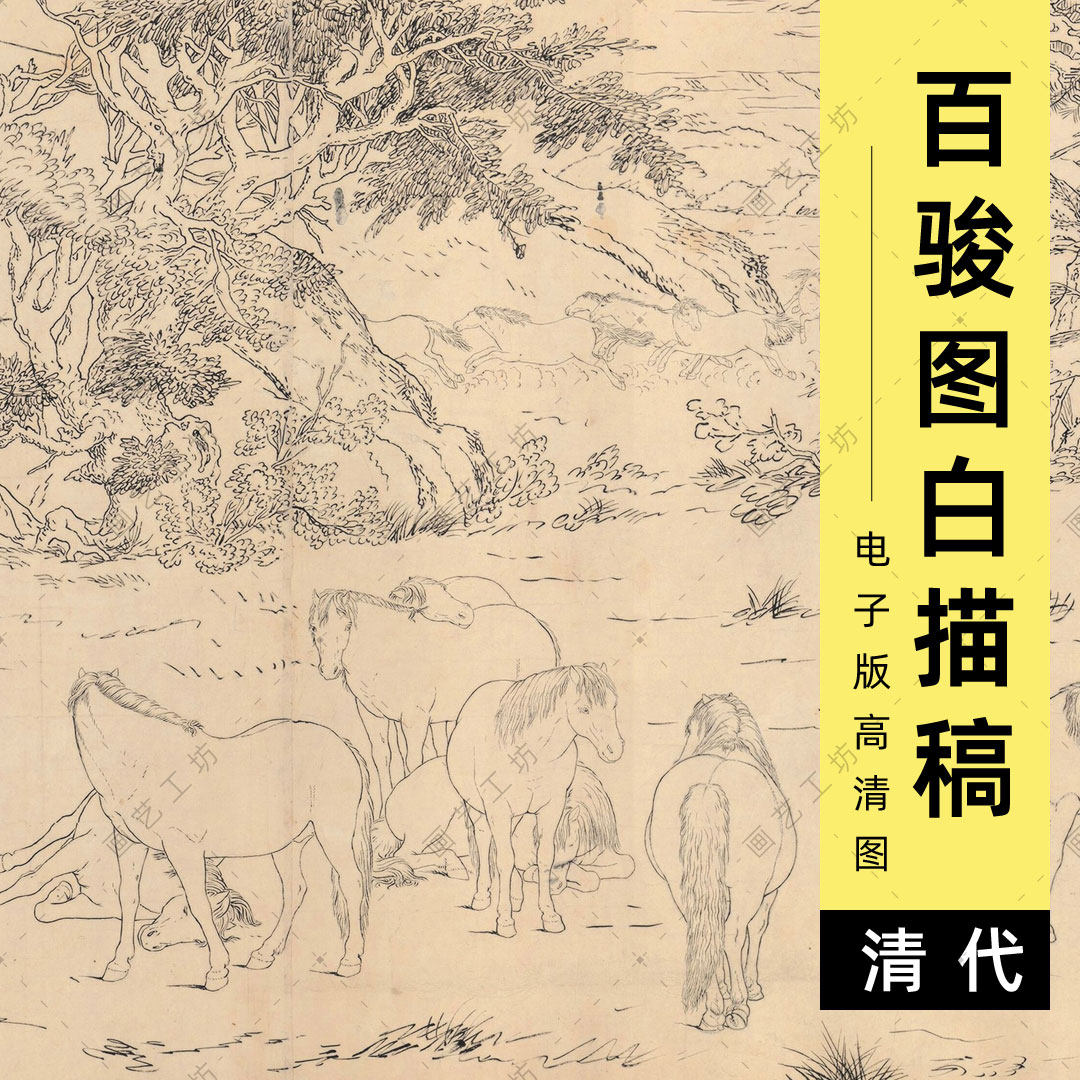 百骏图白描稿电子图清代郎世宁画马牧马国画线描临摹高清图