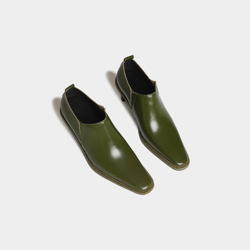 复古绿色纹理感牛皮长形方头高跟皮鞋