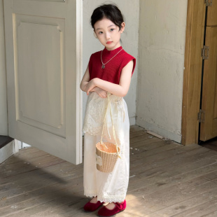 女童洋气套装2025夏季韩版针织背心红色上衣屁帘阔腿裤休闲9分裤
