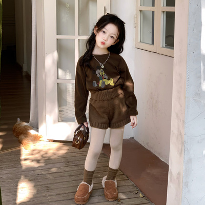 女童休闲套装2025冬季韩版德绒T恤上衣长袖打底衫中大童毛线短裤