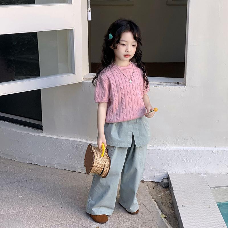 女童甜美套装2025秋季韩版短袖针织T恤麻花毛衣屁帘阔腿裤休闲裤