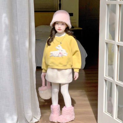 女童休闲套装2025冬季韩版圆领加绒短款卫衣白色毛毛裙短裙半身裙