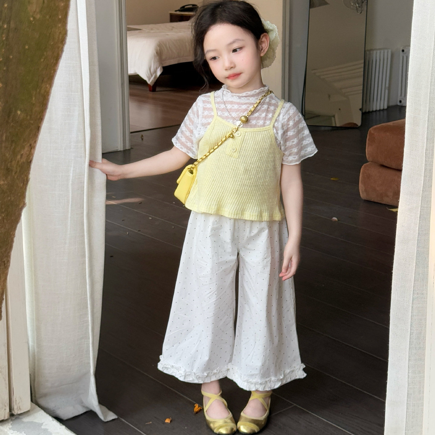 女童休闲套装2025夏季韩版短袖蕾丝T恤打底衫吊带背心波点阔腿裤