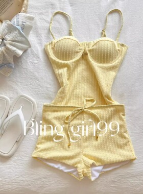 可可酥连体度假泳衣温泉游泳比基尼黄色清新连体高开叉度假