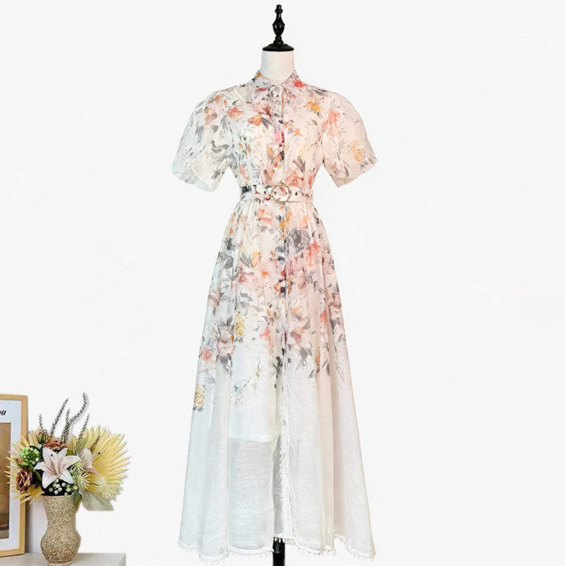 新款欧美优雅复古印花泡泡袖重工钉珠连衣裙带高腰大摆裙长裙