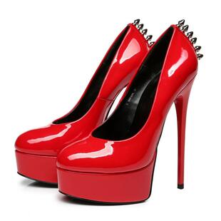 新款欧美红色漆皮时装 圆头水台铆钉细跟单鞋大码女鞋heels pumps