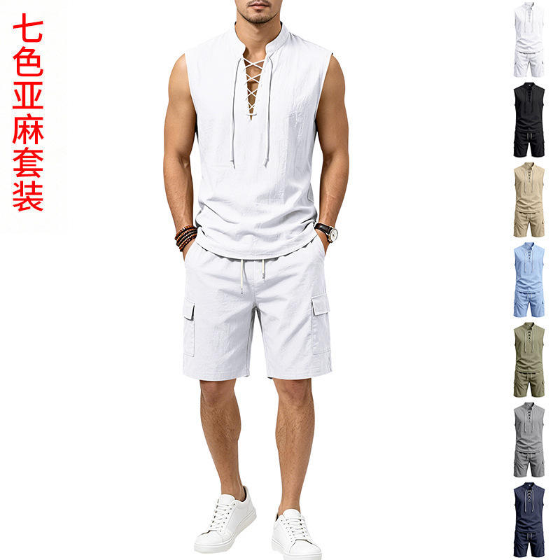 跨境欧美夏季男士亚麻亲肤透气宽松无袖系绳衬衫多口袋短裤套装