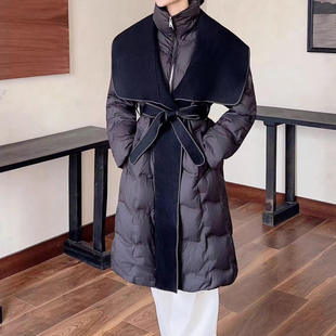 秋冬M家羊毛拼接羽绒服女中长款腰带时髦优雅气质拉链外套潮中等